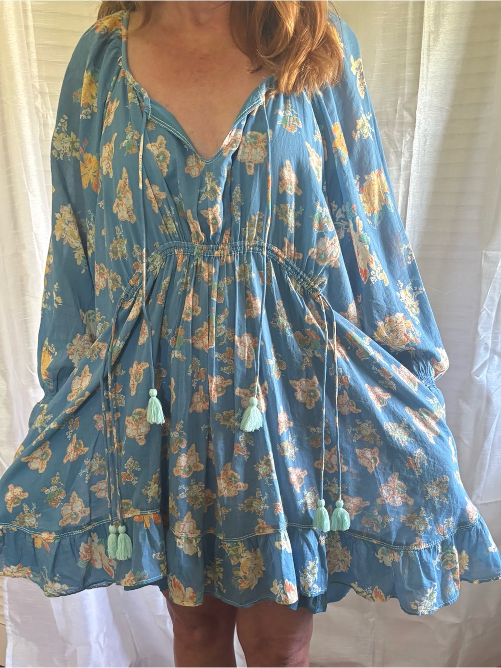 Free People Blue Floral Tassel Babydoll Dress
